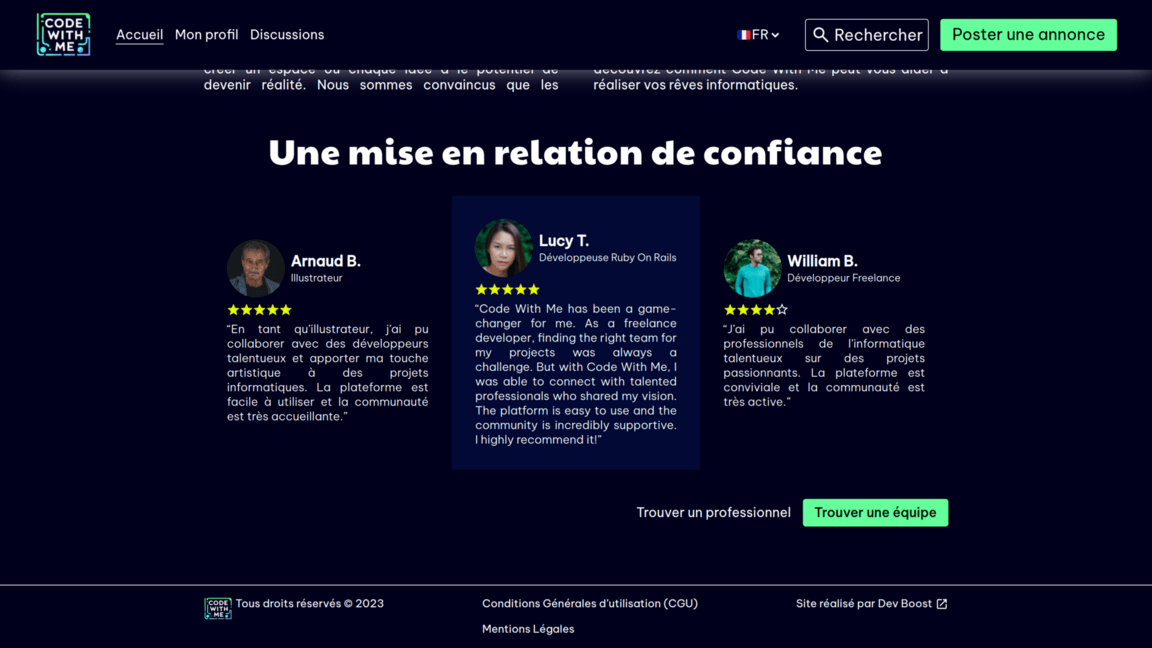 Section des témoignages de la page d'accueil