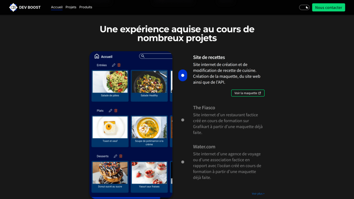 Section des projets mis en avant sur la page d'accueil
