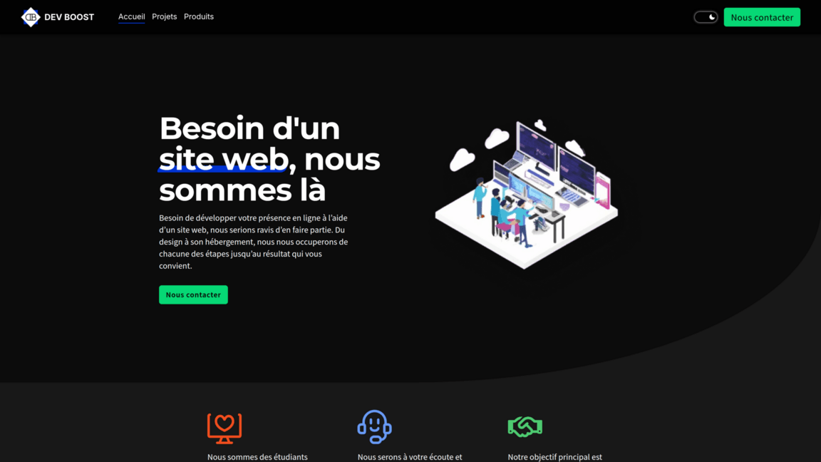 Section hero de la page d'accueil Dev Boost en mode sombre