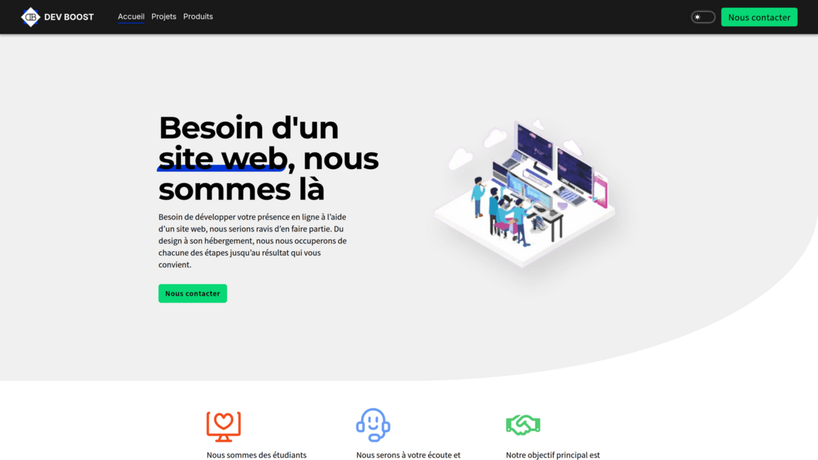 Section hero de la page d'accueil Dev Boost en mode clair