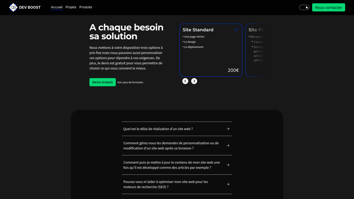Sections produits et FAQ sur la page d'accueil