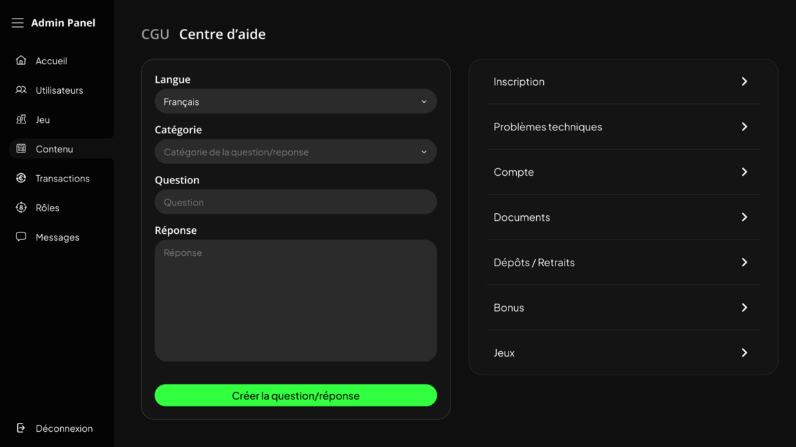 Gestion du contenu d'aide admin