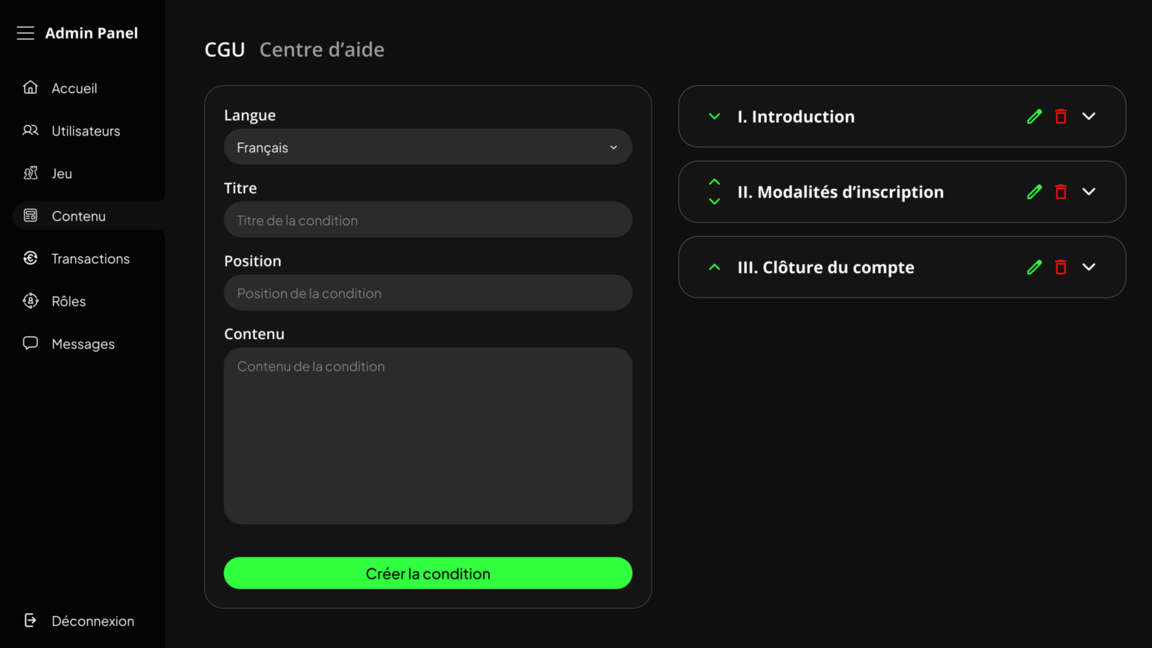 Gestion des conditions générales admin