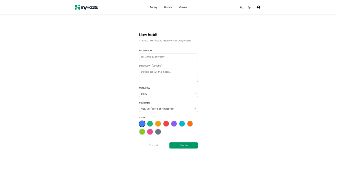 Page de création de myHabits