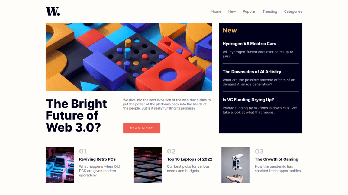 Interface principale de News Homepage