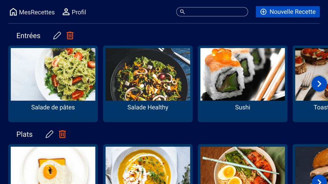 Page d'accueil de Recettes avec galerie de recettes