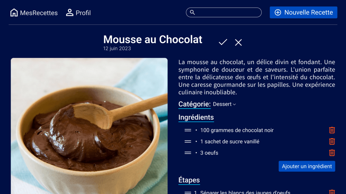 Interface d'édition de recette