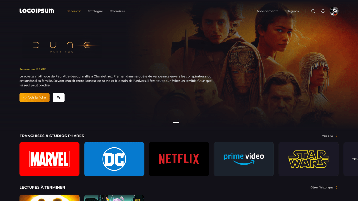 Streaming home with featured movies and carousels