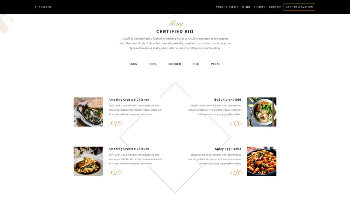 Section menu sur la page d'accueil