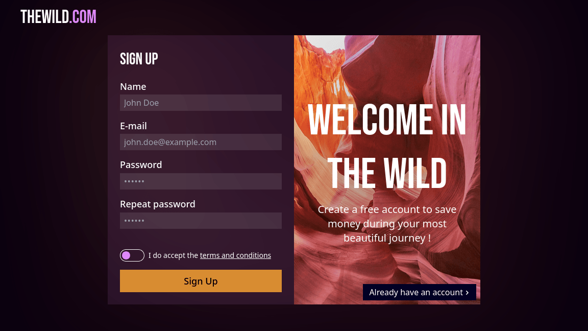 Interface d'inscription de TheWild Concept