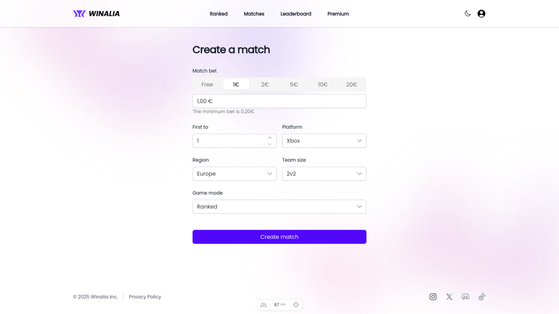 Interface de création d'un nouveau match